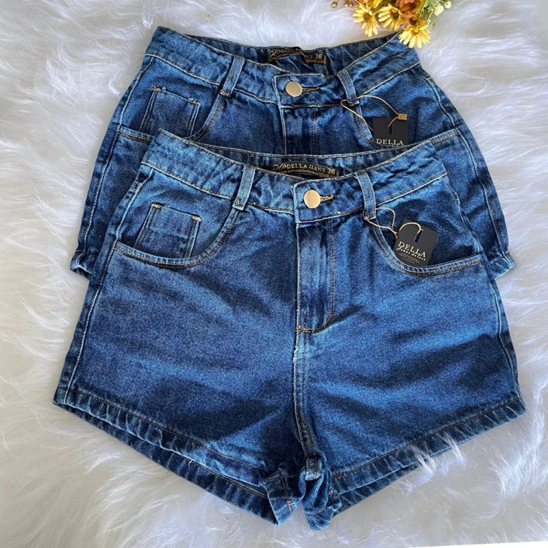 Shorts Jeans Mom Cintura Alta Marmorizado /Shorts Feminina Lisa Sem Lycra