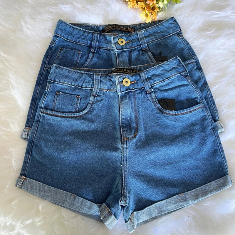 Shorts Jeans Mom Cintura Alta Marmorizado /Shorts Feminina Lisa Sem Lycra