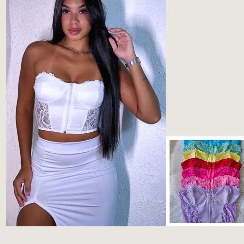 Cropped Corselet Tomara que Caia em Cirrê com Zíper e Arco