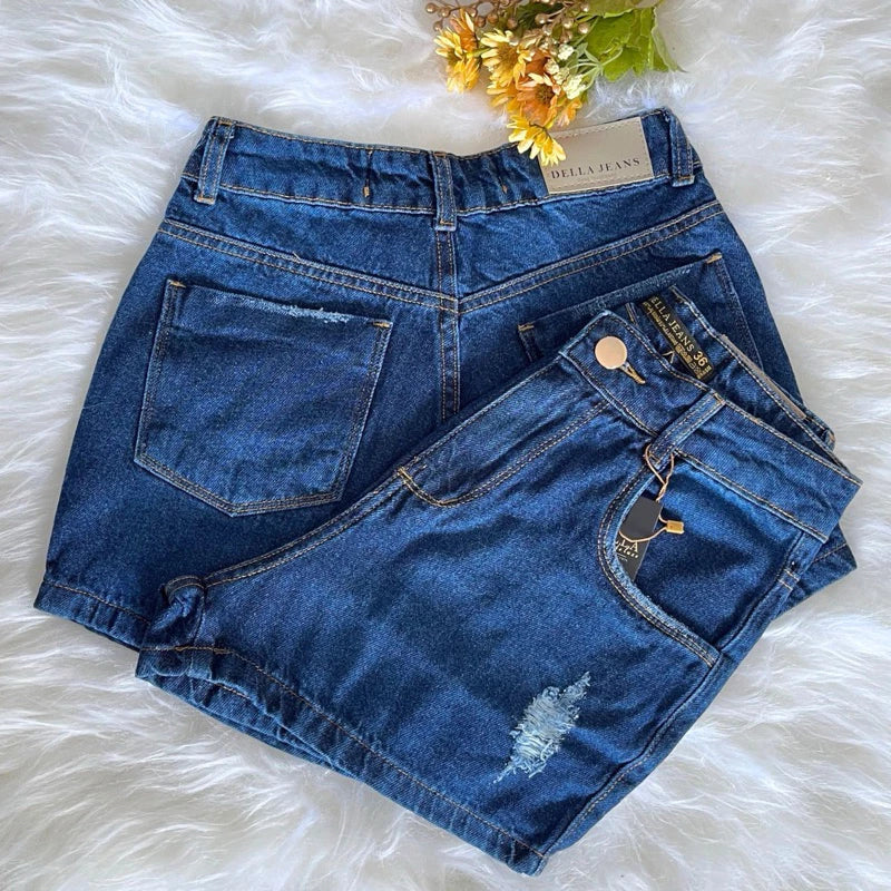 Shorts Jeans Mom Cintura Alta Marmorizado /Shorts Feminina Lisa Sem Lycra