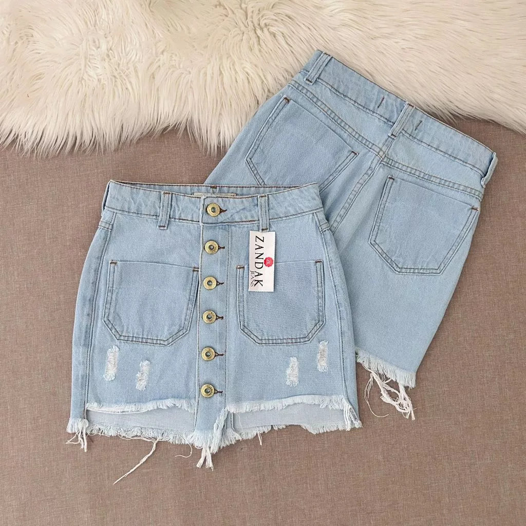 Saia jeans feminina azul manchada Rasgada