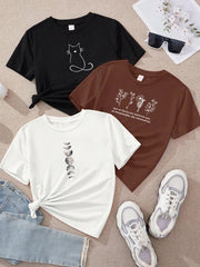 kit3 Camisetas feminina de algodão Gatinho flores e fases da lua off white malha premium T-Shirts