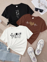 kit3 Camisetas feminina de algodão Gatinho flores e fases da lua off white malha premium T-Shirts