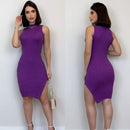 Vestido de Tricô Feminino Midi Modal Tubinho Sem Manga Colado Fenda Lateral com Gola Tricot Verão Elegante Festa Casual