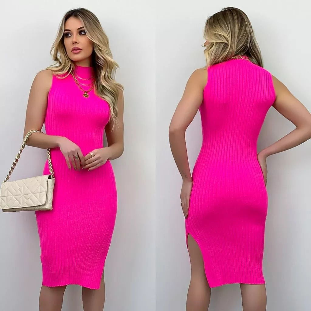 Vestido de Tricô Feminino Midi Modal Tubinho Sem Manga Colado Fenda Lateral com Gola Tricot Verão Elegante Festa Casual