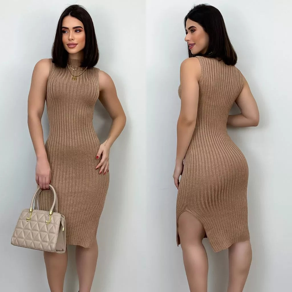Vestido de Tricô Feminino Midi Modal Tubinho Sem Manga Colado Fenda Lateral com Gola Tricot Verão Elegante Festa Casual
