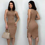 Vestido de Tricô Feminino Midi Modal Tubinho Sem Manga Colado Fenda Lateral com Gola Tricot Verão Elegante Festa Casual