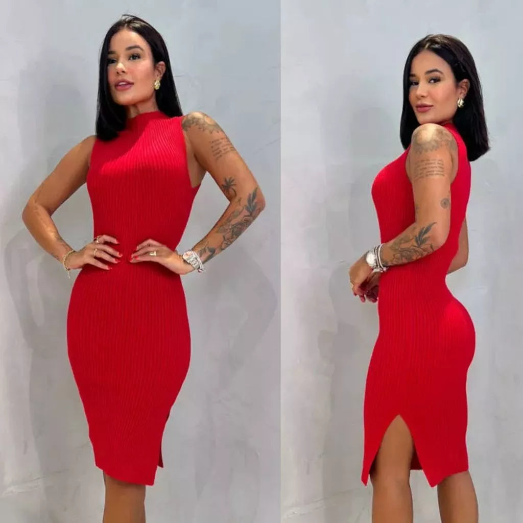 Vestido de Tricô Feminino Midi Modal Tubinho Sem Manga Colado Fenda Lateral com Gola Tricot Verão Elegante Festa Casual