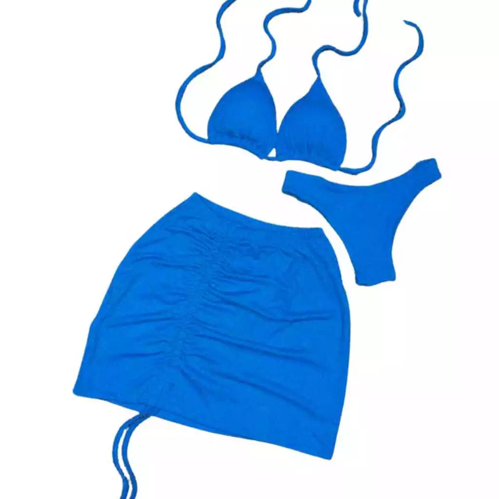 Biquíni Cortininha com Bojo Marquinha de Fita Asa Delta Sainha Feminino 3 peças Triquini Moda Praia