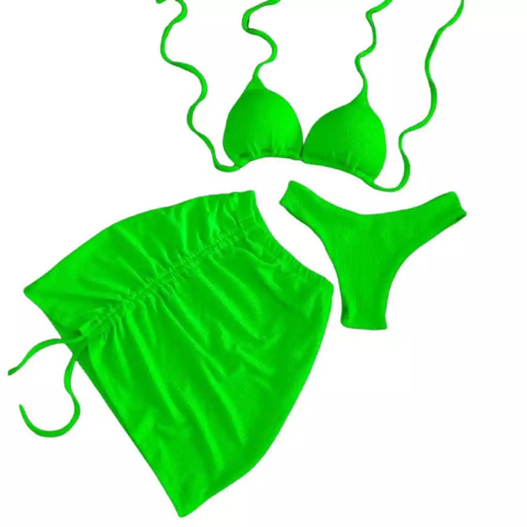 Biquíni Cortininha com Bojo Marquinha de Fita Asa Delta Sainha Feminino 3 peças Triquini Moda Praia