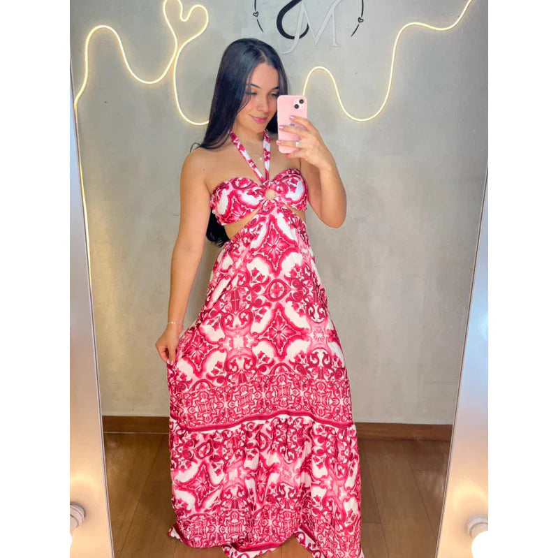 Vestido Paty - vestido longo estampa grecia azul branco e rosa tomara que caia estampa farm tendencia verão paty nordest