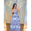 Vestido Paty - vestido longo estampa grecia azul branco e rosa tomara que caia estampa farm tendencia verão paty nordest