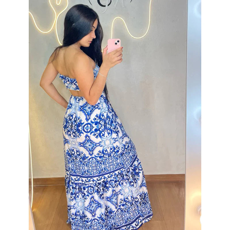 Vestido Paty - vestido longo estampa grecia azul branco e rosa tomara que caia estampa farm tendencia verão paty nordest