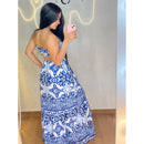 Vestido Paty - vestido longo estampa grecia azul branco e rosa tomara que caia estampa farm tendencia verão paty nordest