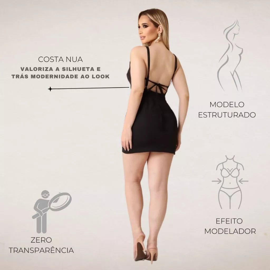 Vestido Curtinho Moda Balada em Alfaiataria com Alça Curto Justo com Amarração Costa Nua Fest Dia das Mães Sexy Elegante