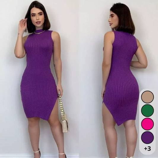 Vestido de Tricô Feminino Midi Modal Tubinho Sem Manga Colado Fenda Lateral com Gola Tricot Verão Elegante Festa Casual