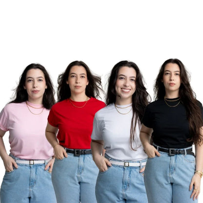 Kit 4 Camiseta Básica T-Shirt Feminina 100% Algodão Várias Cores