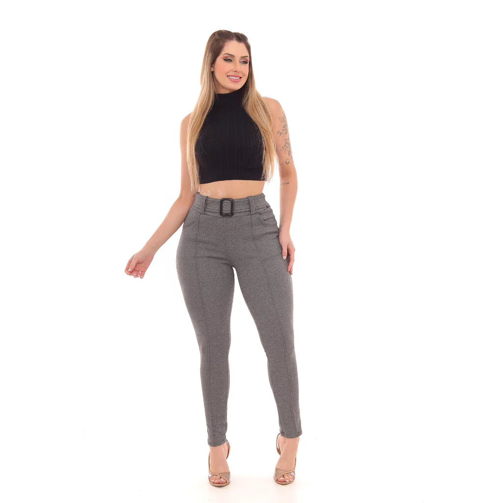 Calça Skinny Com Cinto Malha Crepe Cintura Alta do P ao G3