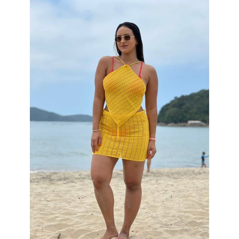 Conjunto Saída de Praia de Tricot Saia e Top Cropped de Tricot Tendência 2022 Moda Praia Verão Blogueira