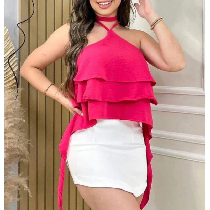 Blusa Feminina Com Amarração no Pescoço com Babado