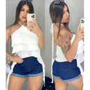 Blusa Feminina Com Amarração no Pescoço com Babado