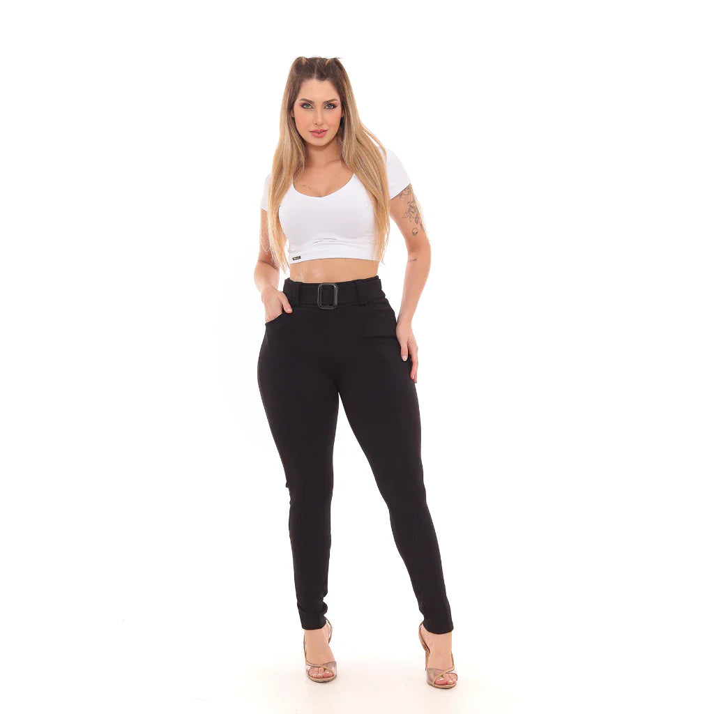 Calça Skinny Com Cinto Malha Crepe Cintura Alta do P ao G3
