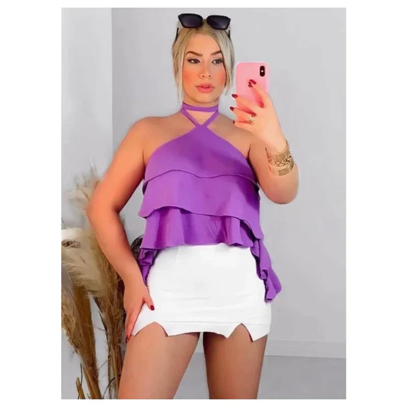 Blusa Feminina Com Amarração no Pescoço com Babado