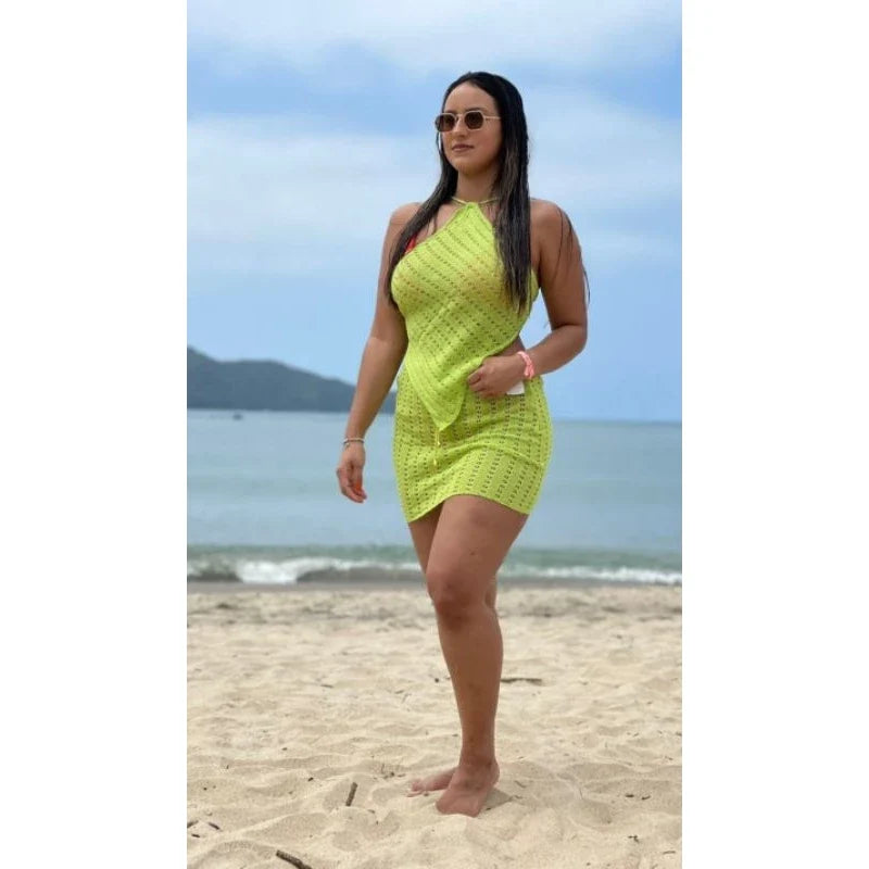 Conjunto Saída de Praia de Tricot Saia e Top Cropped de Tricot Tendência 2022 Moda Praia Verão Blogueira