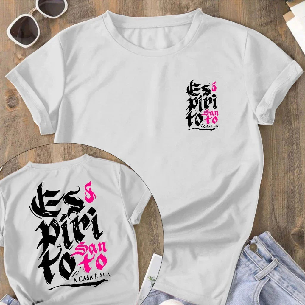 Camiseta Feminina Blusa ESPIRITO SANTO A CASA É SUA Camisa Manfinity 100% algodão Street Wear