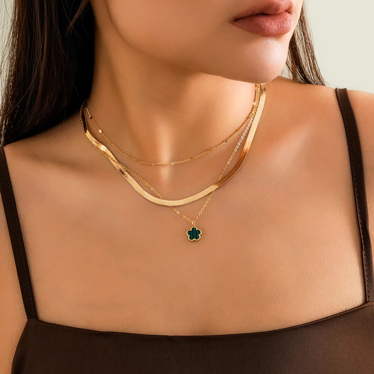 3 Pcs Correntes Separáveis em Camadas com Lucky 5 Petal Leaves Pendant Necklace para Mulheres 2024